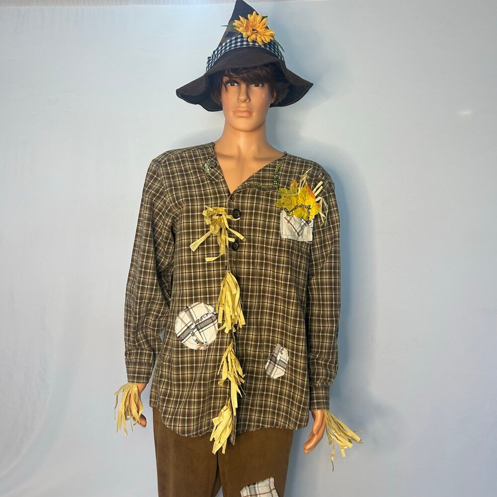 Handmade Scarecrow Costume Adult Plaid Patchwork Shirt Pants & Sunflower Hat